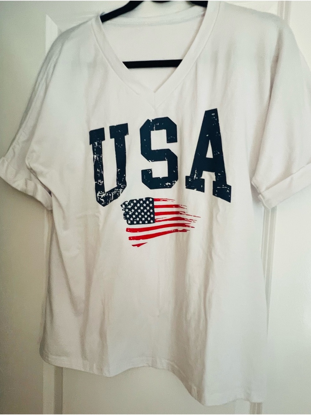 Amazon White V-Neck Tee with Navy USA Graphic and Red Flag Accent